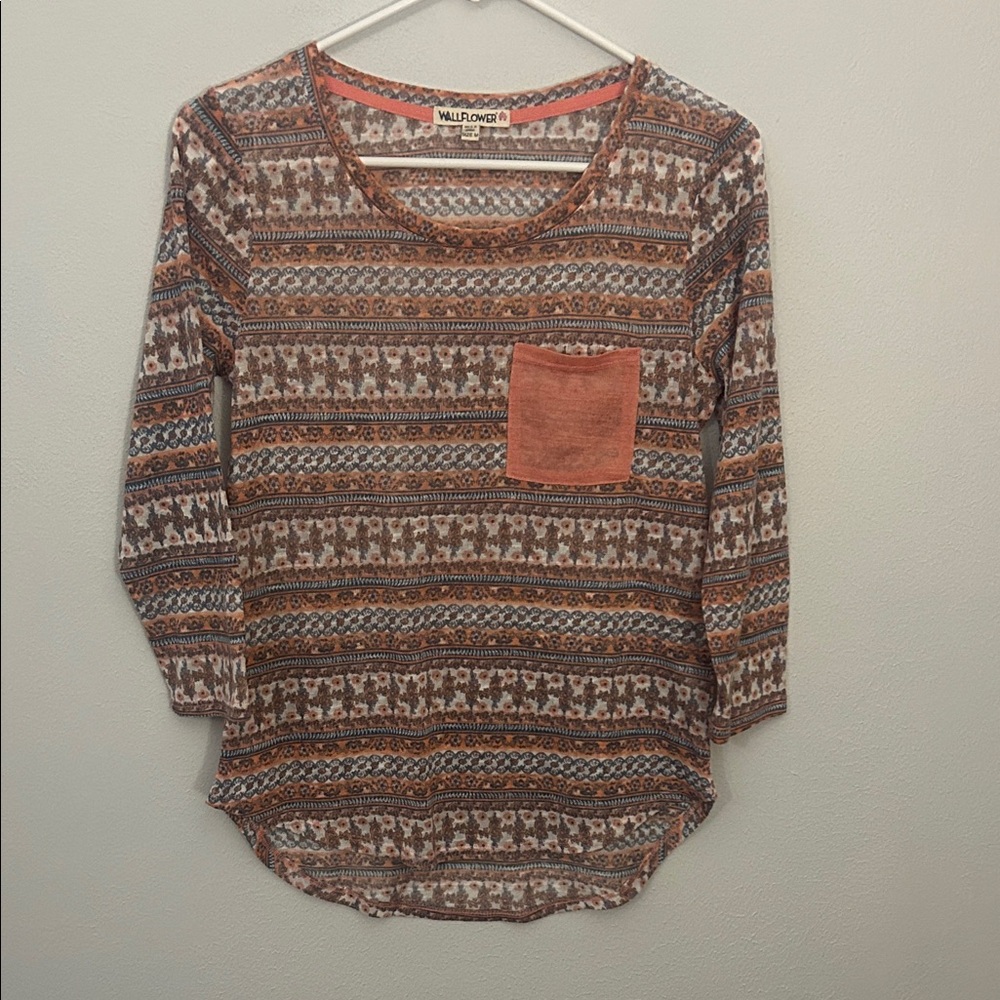 Women's Brown and Orange Patterned Long Sleeve Top